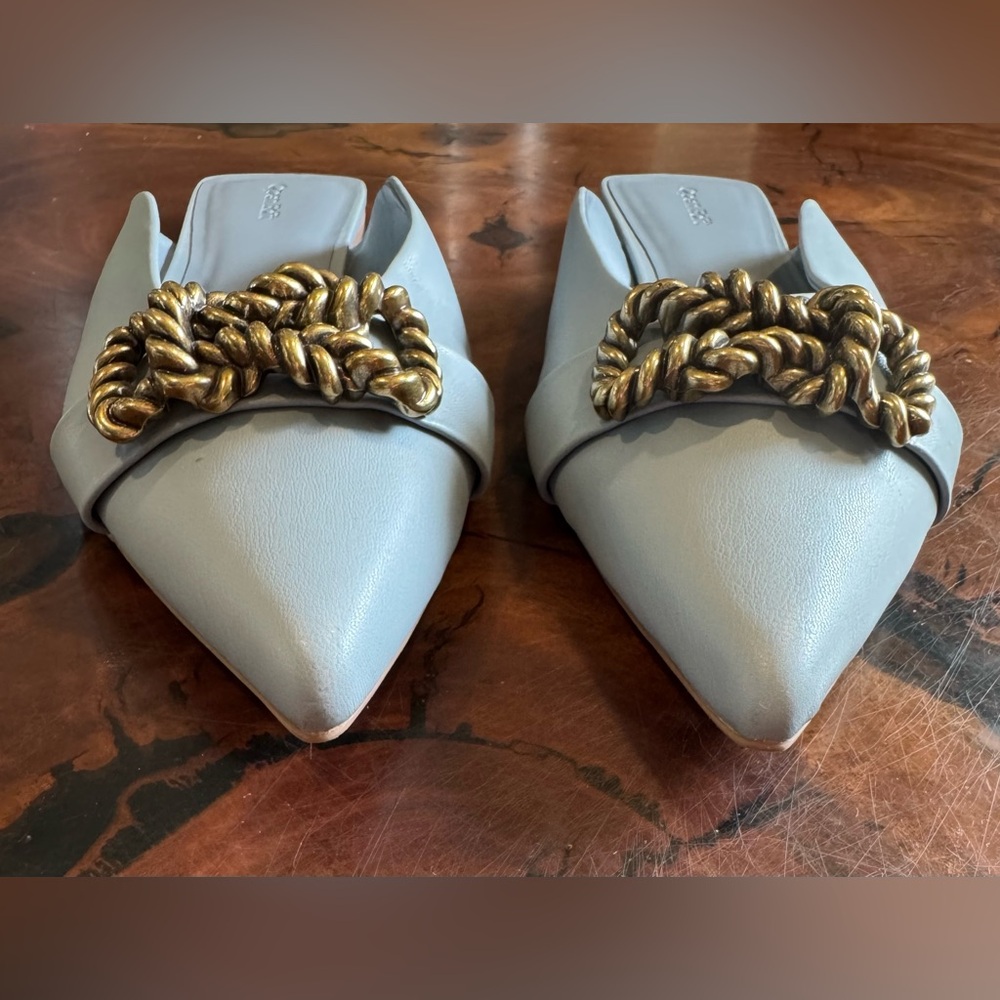 Open Edit Blue Mules with Ornate Chain Detail